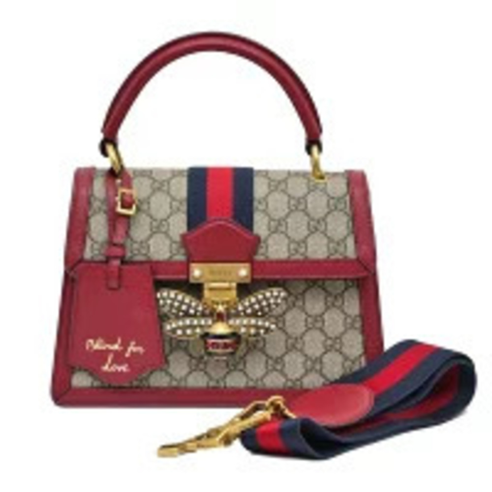 Gucci GG Supreme Queen Margaret Bee Shoulder Bag Handbag Beige Red Leather